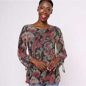 Susan Graver Occasions Top Women 1X Multicolor Foil Printed Tie Sleeves Glam NWT